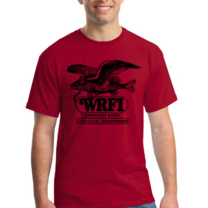 Model wearing a red t-shirt with black ink; shirt shows an image of a flying fish above the words "WRFI / Community Radio / Live, Local, Independent"