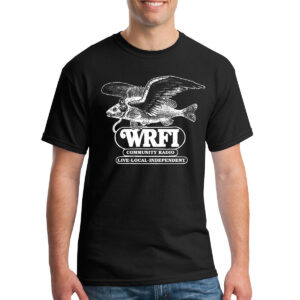 Model wearing a black t-shirt with white ink print; shirt shows image of a flying fish above the words "WRFI / Community Radio / Live, Local, Independent"