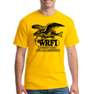Model wearing yellow t-shirt showing a flying fish and the words "WRFI / Community Radio / Live, Local, Independent"