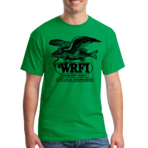 Model wearing a green t-shirt with black ink; shirt shows an image of a flying fish above the words "WRFI / Community Radio / Live, Local, Independent"