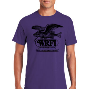 Model wearing a violet t-shirt with black ink; shirt shows an image of a flying fish above the words "WRFI / Community Radio / Live, Local, Independent"