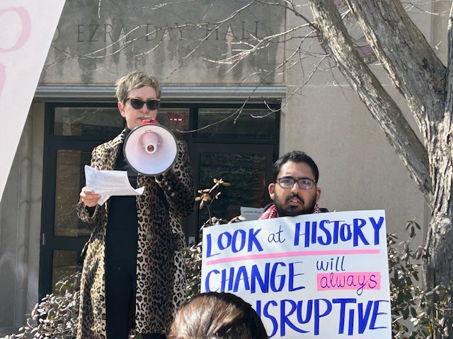 Tracy McNulty, speaking at March 12 protest, Day Hall, Cornell University.  Photo: Celia Clarke/WRFI