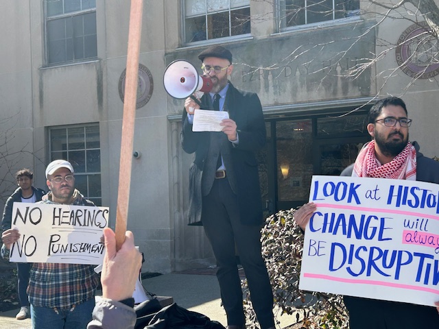 Alexander Livingston, speaking at March 12 protest, Day Hall, Cornell University. Photo: Celia Clarke/WRFI