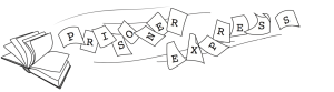 Line drawn image of a book with pages fluttering in the wind. Pages read "Prisoner Express" with one letter in each page swept up in a gust of wind or movement
