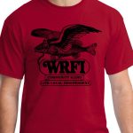 Image of a torso wearing a deep red t-shirt with a flying fish wearing headphones and black text that reads "WRFI Community Radio Live local independent"