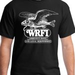 Image of a torso wearing a black shirt with a flying fish wearing headphones and the text "WRFI Community Radio Live local independent"