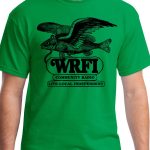 Image of a torso wearing a bright green t-shirt with a flying fish wearing headphones and black text that reads "WRFI Community Radio Live local independent"